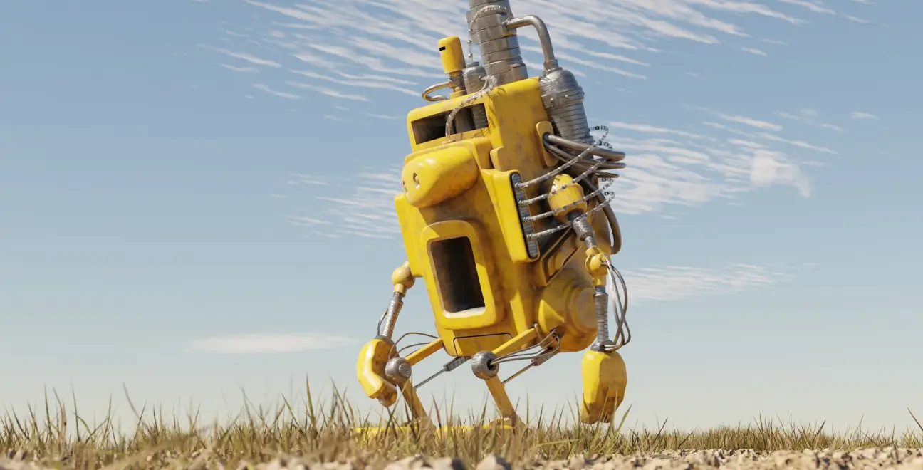 A large, bright yellow, boxy robot with multiple articulated metallic legs and exposed pipes walks across a dry, grassy plain under a light blue sky.