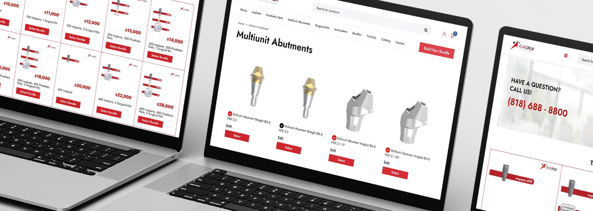 Three screens displaying Chaorum dental e-commerce site with multiunit abutments, implant bundles, and contact information.