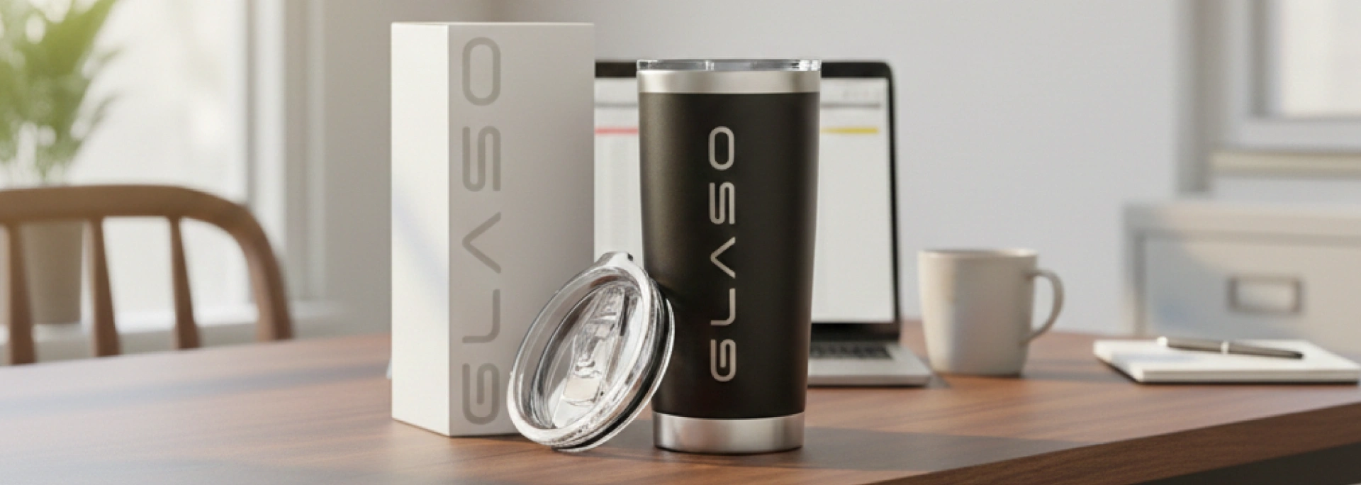 A black Glaso insulated tumbler with its lid off, next to its white packaging box, on a wooden desk.