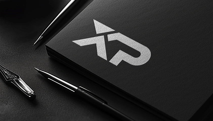 Silver XP logo embossed on a stack of black business cards with two executive pens, symbolizing professional brand services.