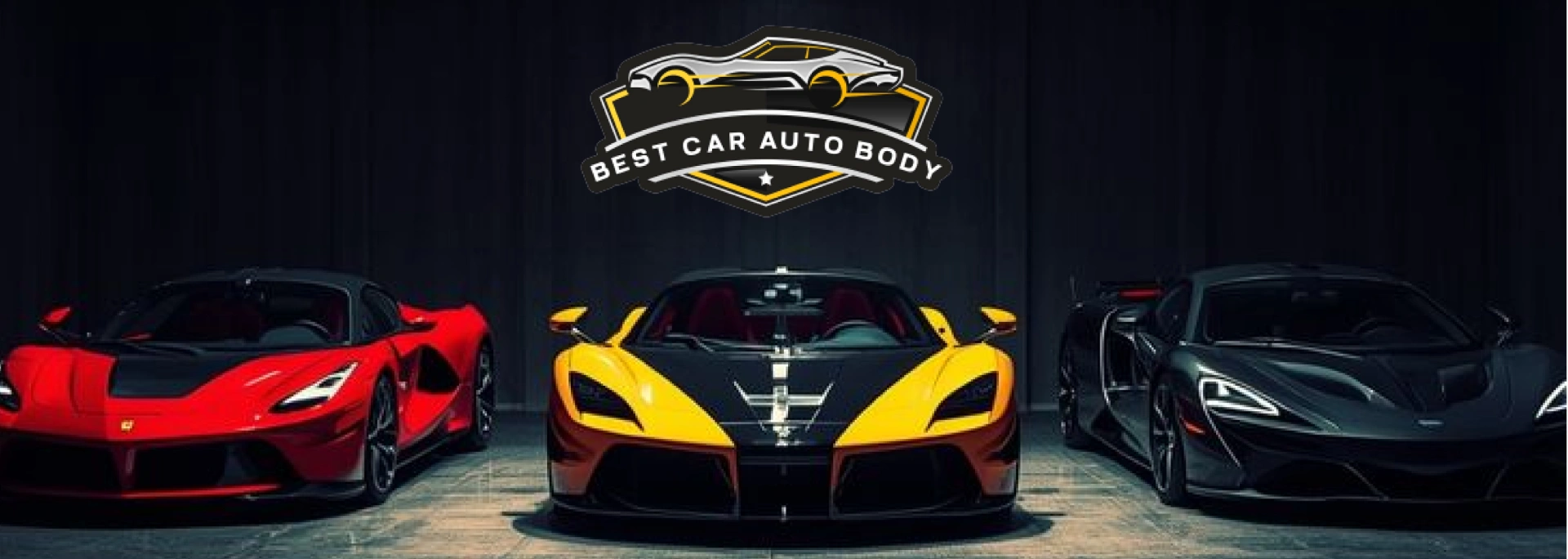 Three sleek luxury sports cars: a red one, a yellow and black one, and a dark gray one. Above them is a logo reading 'BEST CAR AUTO BODY'.