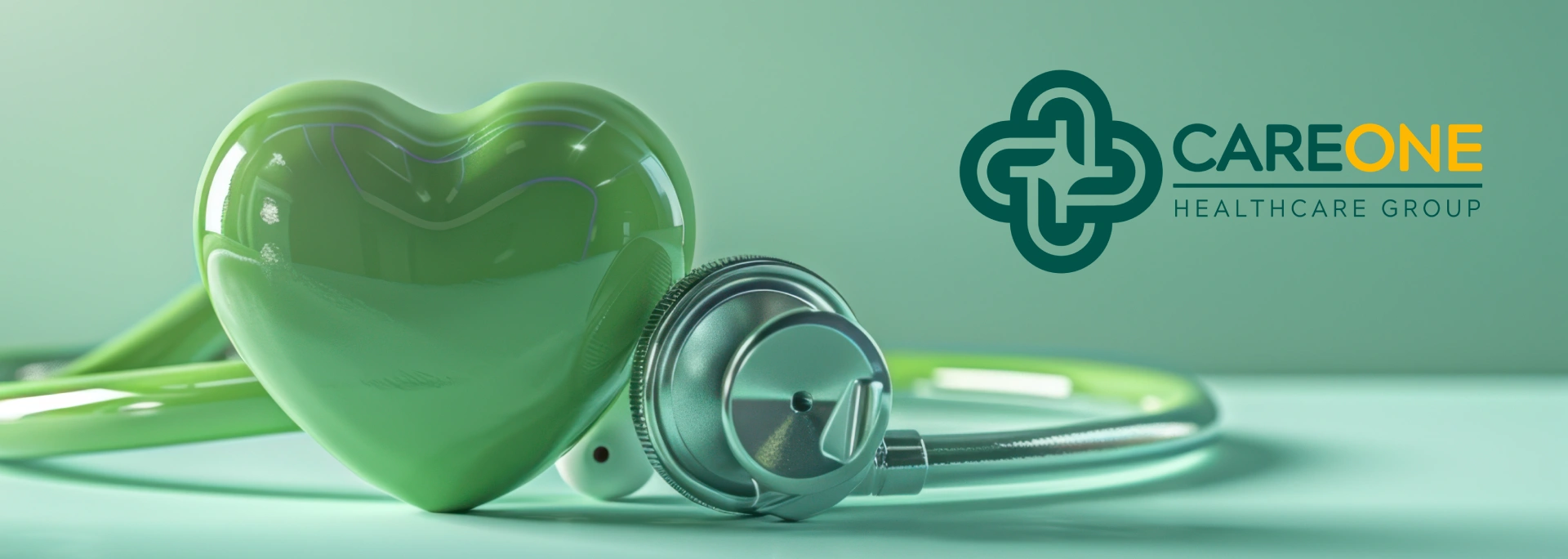 Glossy green heart and stethoscope next to the CareOne Healthcare Group logo. Represents health and compassionate care.