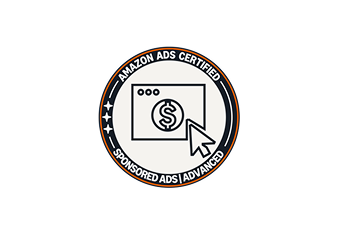 Amazon Ads Certified Advanced badge. Features a computer monitor icon with a dollar sign and a mouse cursor, signifying expertise in sponsored ads.