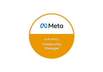 Meta Certified Community Manager badge, circular, with Meta logo and 'CERTIFIED Community Manager' text.