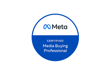 Meta Certified Media Buying Professional badge. A blue and white circular logo indicating accreditation.