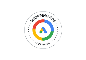 Circular badge for Google Shopping Ads Certified, featuring the colorful Google Ads logo in the center.