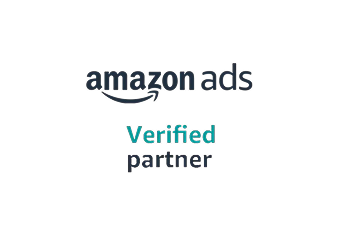 Official Amazon Ads Verified Partner badge. The logo states "amazon ads" in dark grey, with "Verified partner" below it in teal and dark grey.