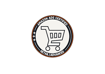 Amazon Ads Certified Retail Advanced badge with a shopping cart icon and three stars, signifying expertise in Amazon retail advertising.