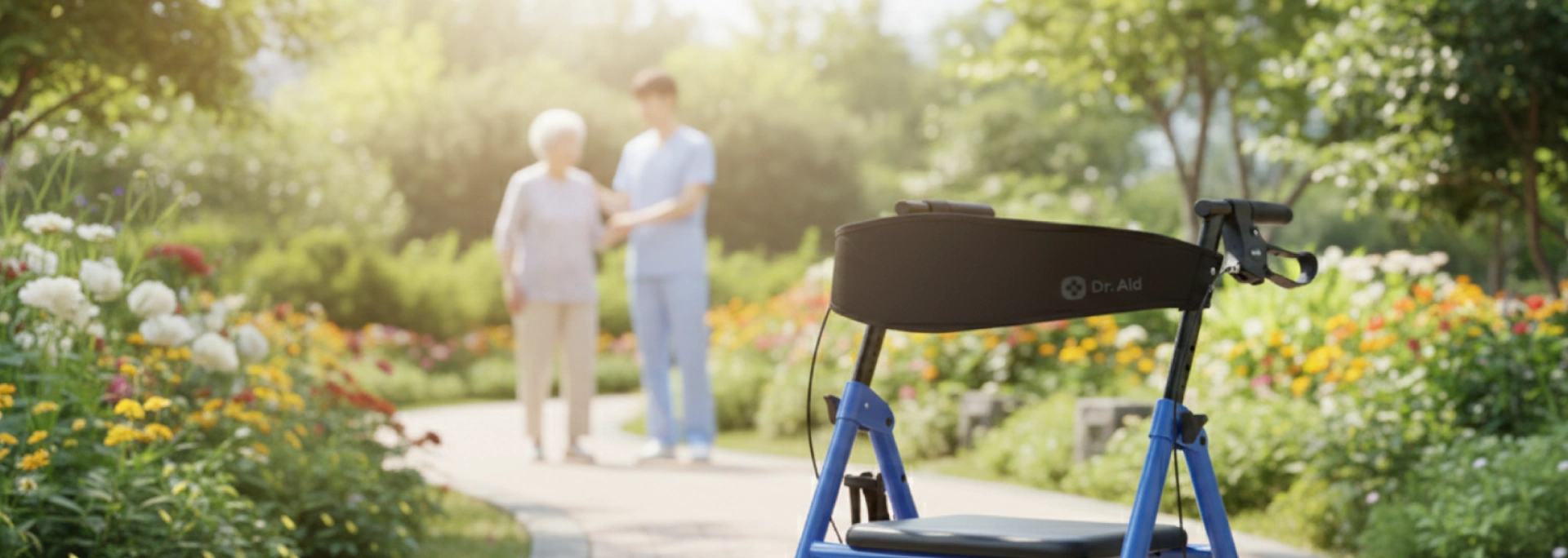 Blue Dr. Aid rollator in a sunny garden. An elderly woman, assisted by a caregiver, walks along a path in the background.