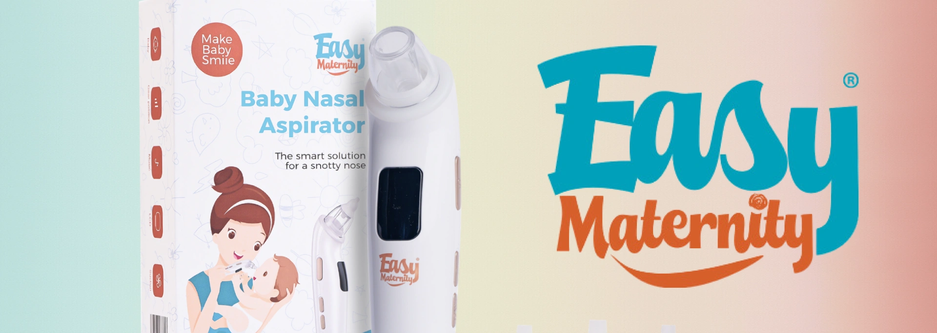 Easy Maternity Baby Nasal Aspirator product box next to the white electronic device, depicting a mother caring for her baby.
