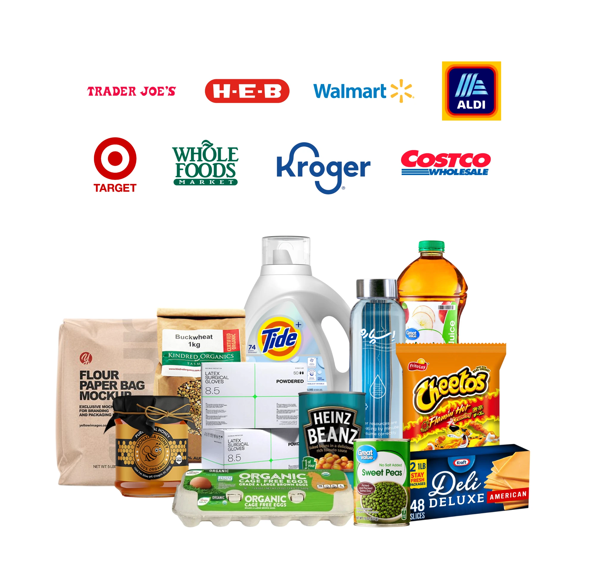 Logos of major retailers including Walmart, Target, Kroger, and Aldi, displayed above a variety of popular grocery products.